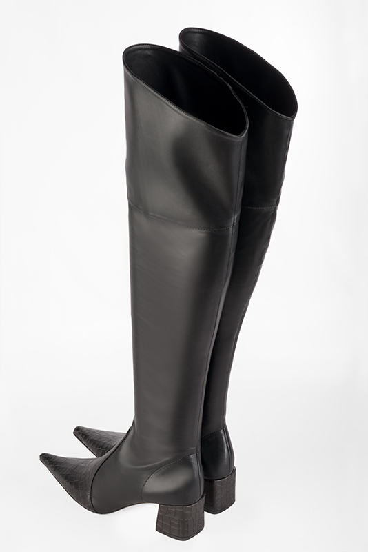 Satin black women's leather thigh-high boots. Pointed toe. Medium block heels. Made to measure. Rear view - Florence KOOIJMAN
